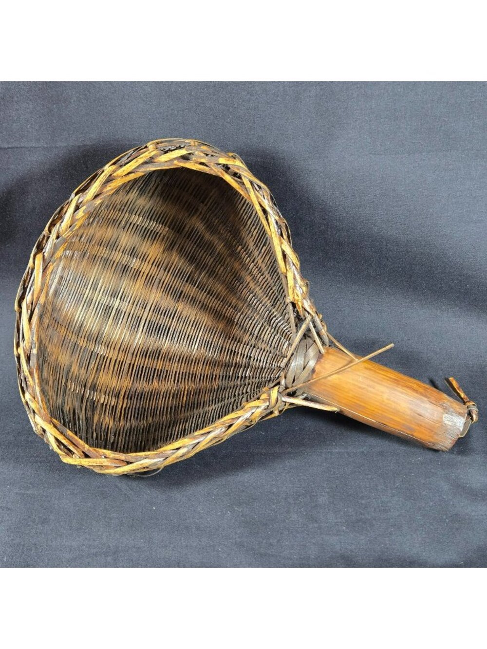Vintage Handwoven Bamboo Wicker Scoop Basket w Handle Rustic Folk Style Decor
